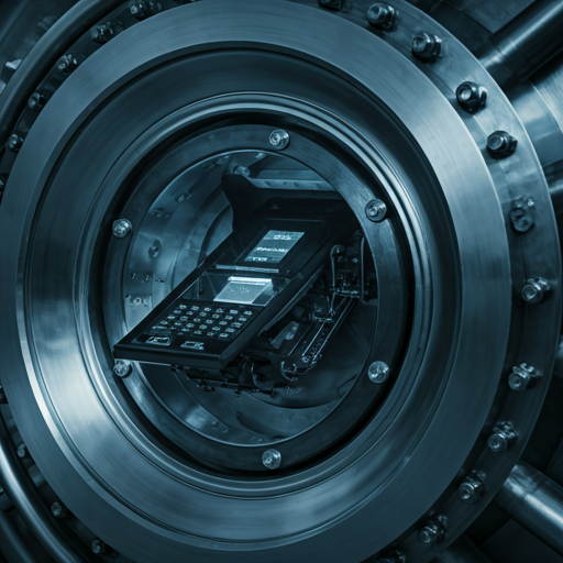 Close-up of a high-tech biometric scanner and architectural banking vault detail in cool blue tones